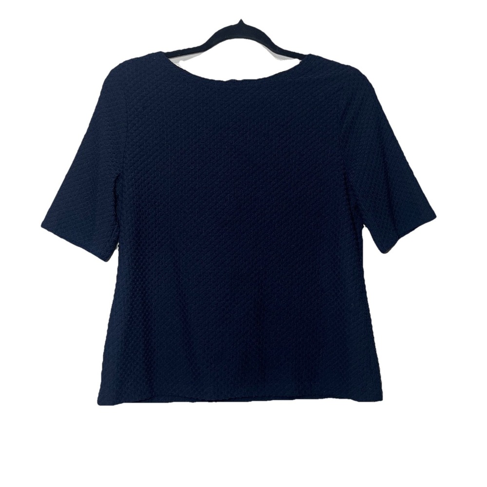 Chico's Textured Knit Top‎ Womens Navy Blue Short Sleeve Zip Back Size 0/ Small
